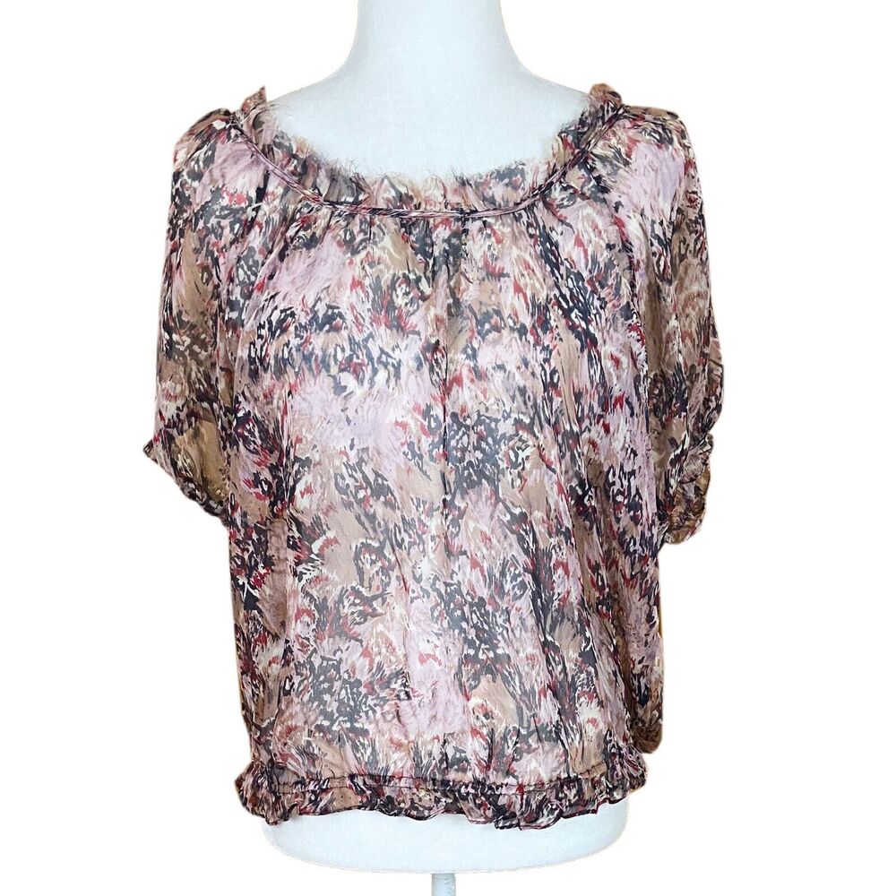 Ella Moss Sheer Blouse Size S Mauve Multicolor Silk Chiffon Short Puff Sleeves